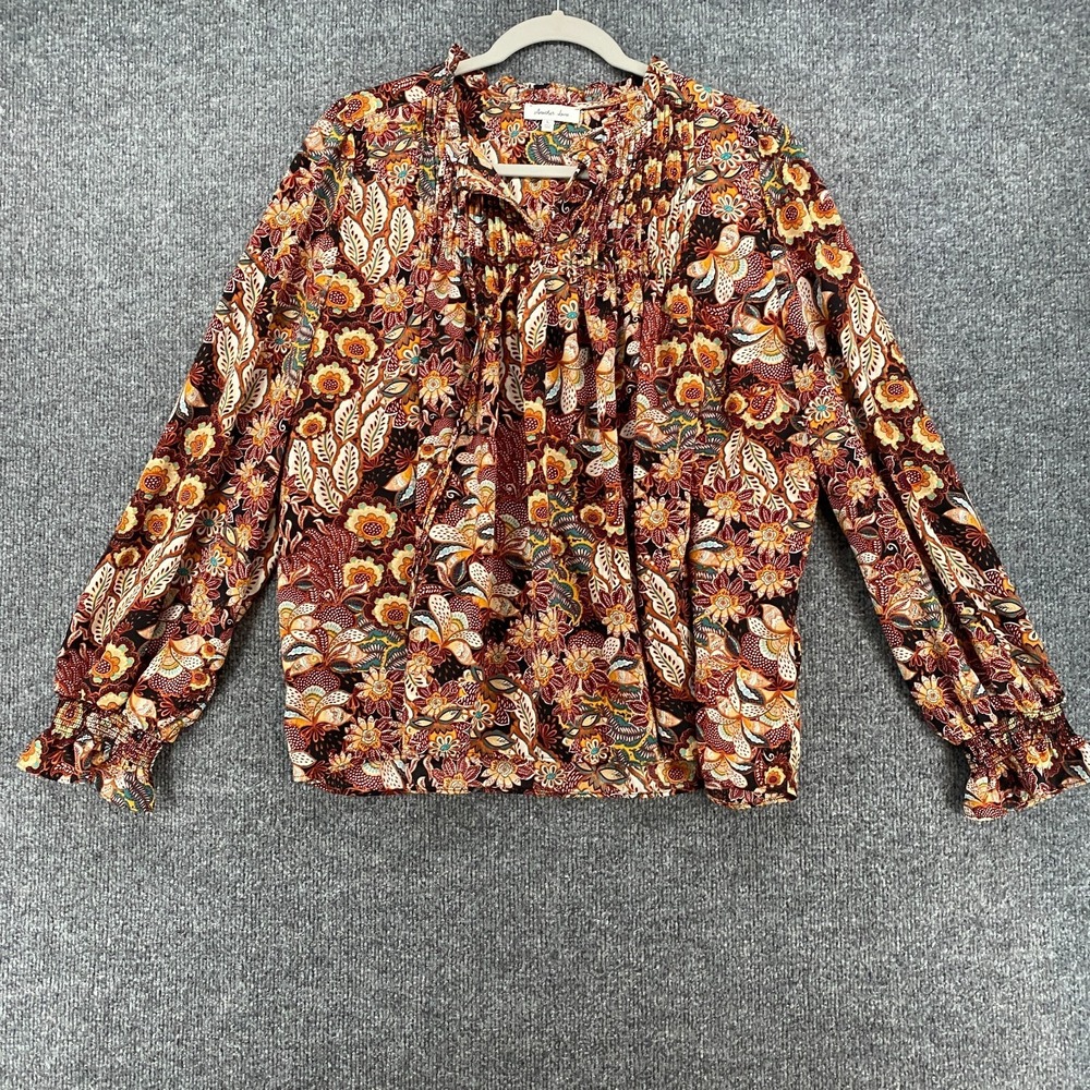 Another Love Blouse Top Womens L Brown Floral Peasant Boho Cottagecore Prairie‎